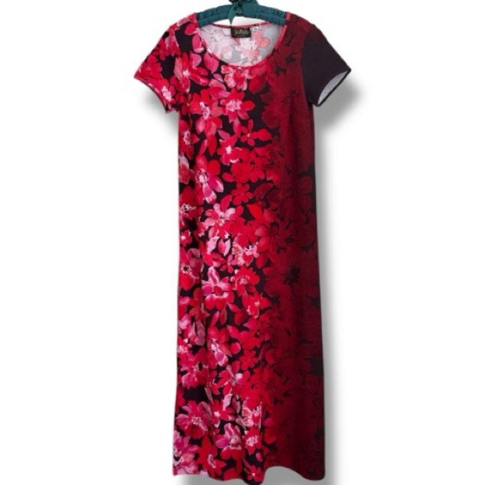 90s Bob Mackie Wearable Art Small Ombre Dramatic Red Floral Jersey knit Dress